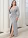 CYCLAMEN Plus Size Formal Maxi Dress Sparkly Ruched Puff Sleeve V Neck Slit Cocktail Wedding Guest Prom Evening Gown, Silver, 1X