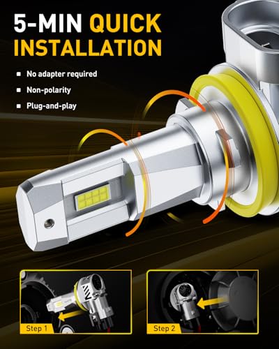Image of AUXITO H11 H8 H9 Light Bulbs, 50000LM 900% Super Bright, 60000+ Hours Life Service, 6500K Cool White, 1:1 Mini Size Wireless Fog Light Replacement, Plug & Play, Pack of 2