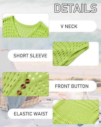 Image of Haloumoning Girls Crochet Swim Beach Cover Up Kids Fashion Button Short Sleeve Swimsuits Cover Ups 5-14 Years