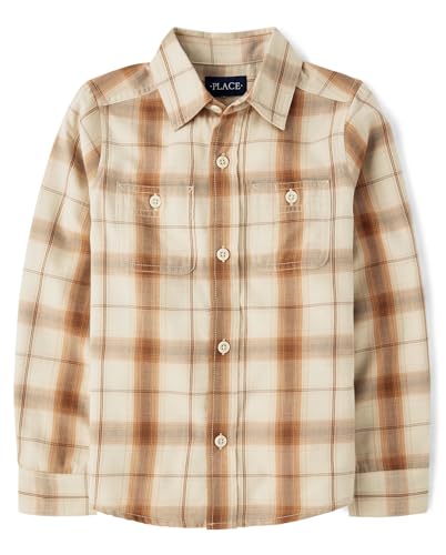 The Children's Place,Boys,Long Sleeve Plaid Flannel Button Up Shirt,Tan Plaid,Large
