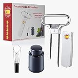 Abridor de Vino – Sacacorchos Profesional – Sacacorchos Vino – Sacacorchos de Laminas – Set de Abridor de Vino con Decantador de Vino y Tapon Vino - Pack 3 en 1 - Abridor de Vino de Plata.