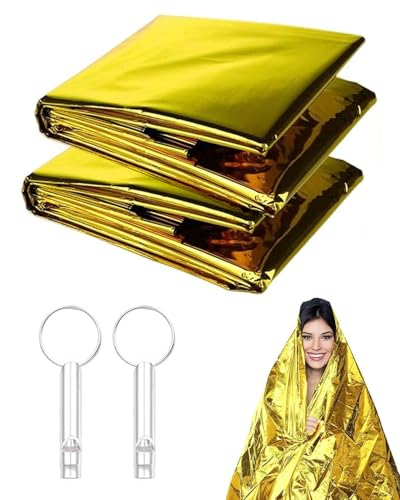 KEMUZ 2Pcs Coperta Termica, All'aperto Coperta Emergenza, Coperta Termica Sopravvivenza, Montagna Escursioni Telo Termico, Porta due fischietti, per Escursionismo Esercizio Campeggio 160x210cm