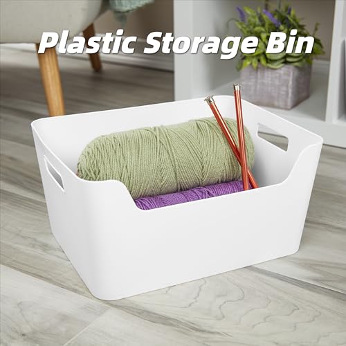 Image of (3 pack) Extra Large Plastic Storage Bins, 11 inch W x 14.3 inch D x 7 inch H, Front Opening Container for Pantry, Closet, Bathroom Organization, White