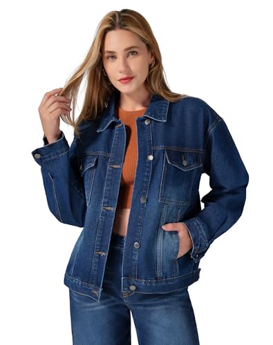 roswear Jean Jacket Women Oversized Long Sleeves Button Up Washed Denim Western Jackets Trucker Coat