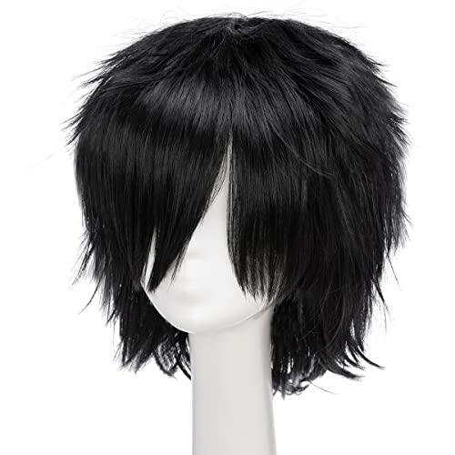 Unisex Women Mens Male Short Black Fluffy Straight Hair Wigs Anime Cosplay Party Dress Costume Synthetic Wig #TOP2