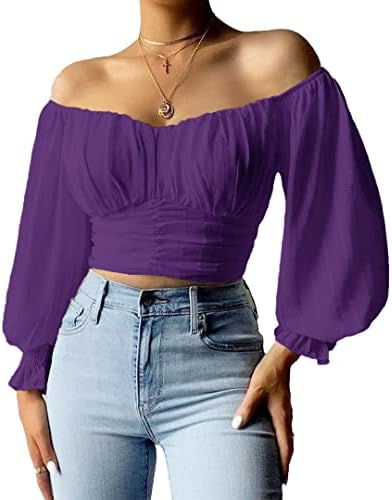 Womens Off The Shoulder Puff Sleeve Blouse Chiffon Slim Crop Tops