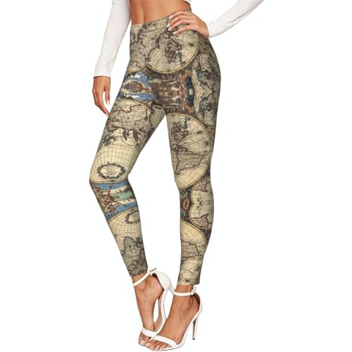 Leggings de compresión suaves con mapa del mundo vintage y acabado textil premium