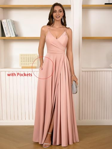 Dymaisei Satin Bridesmaid Dresses Spaghetti Straps V Neck Prom Dress Long A Line Formal Evening Dress with Pockets3