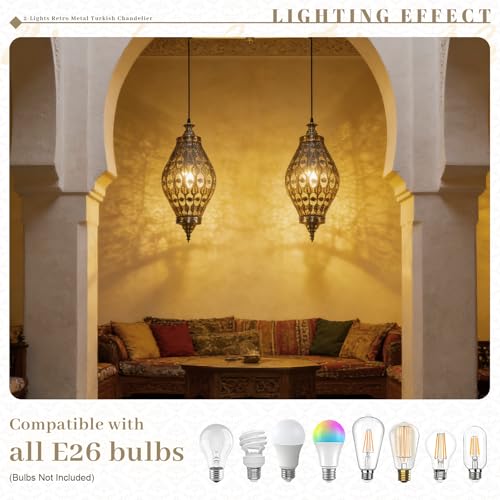 Image of 2-Light Linear Pendant Retro Metal Hanging Chandelier Brushed Brass