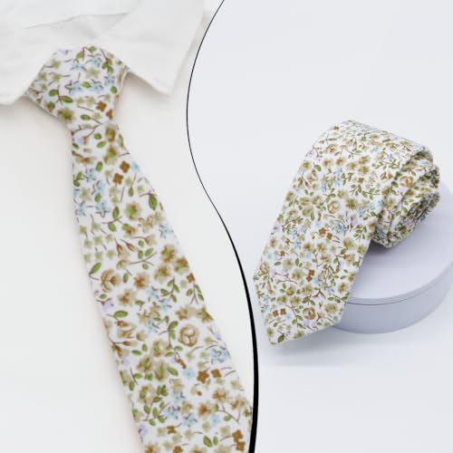 Image of Luckyvestir Ties for Men, Sage Green Cotton Floral Tie 2.76 inch Flower Printed Men's Neckties for Wedding /Groomsmen /Suit /Party