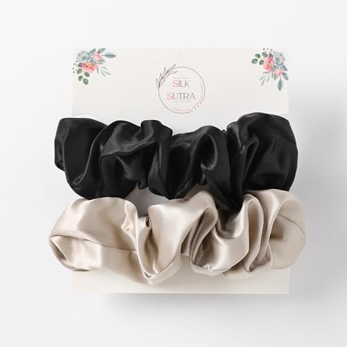 Silk Sutra Hair Scrunchies for Frizz Prevention 22 Momme 100% Mulberry Silk Hair Ties for Breakage Prevention Elastic ponytail Holders (Black & Light Coffee (Large 2pcs))