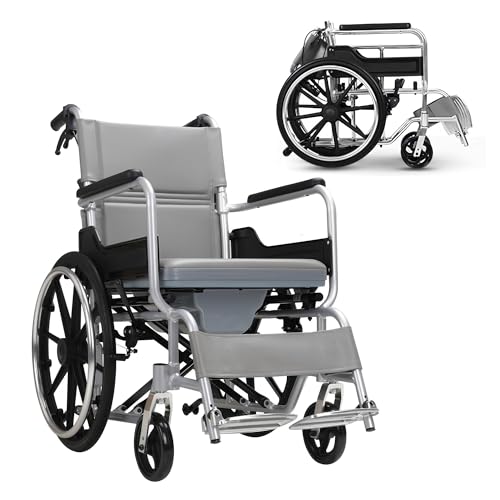 Silla Ducha WC con Ruedas Plegable Wheelchair Autopropulsable Lightweight Plegable 14.6kg Silla de Ruedas con Inodoro Ducha para Personas Mayores y Discapacitadas (20inch)