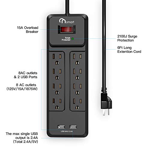ONSMART USB Power Strip Surge Protector with 8AC outlets & 2 USB Ports, 2100J Surge Protection, 15A Overload Breaker, 6Ft Long Power Cord-Mountable--Black