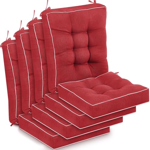 Juexica 4 Sets Outdoor Patio Cushions High Back Outdoor Chair Cushions Rocking Chair Cushion Waterproof Indoor Patio Fastness Chair Pads with Ties for Seasonal Indoor Home Office (Red)