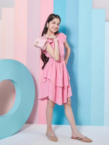 Image of Pspeaches Girl's Flutter Sleeve Layered Crepe Fit & Flare Dress Pink Color Stylish & Comfortable Wear