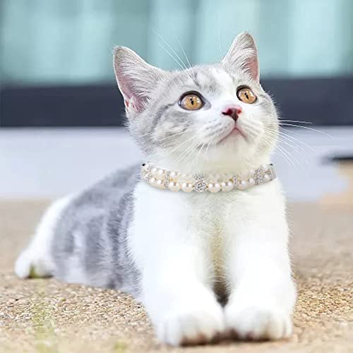 Image of HOWWFALY Dog Cat Pearl Collars with Crystal Rhinestone PU Leather Collars Necklace Adjustable CollarDog Chain Cat White Pearl Pet Collar(White, Large)