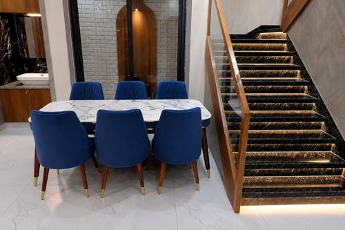 Image of WOODEN SPACE 6-Seater Wooden Dining Table Set | Nano Composite Marble Top | Solid Wood Base | Modern Dining Room Furniture with 6 Chairs (Blue 2)