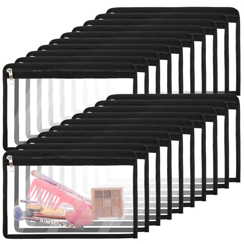 20 Pcs Large Clear Zipper Pouches Pencil Pouches PVC Makeup Pouch Envelopes Folder Storage Multi Purpose Pouch Document File Organization Bags, Office Supplies (Black Edging, 11.4 x 7.5 Inches)
