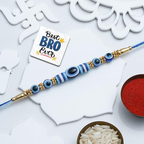 Image of eCraftIndia Beads Evil Eye Rakhi for Brother Bhaiya Bhai with Best Bro Ever Fridge Magnet | Roli Chawal Pack