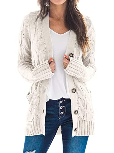 JFAN Cárdigan Informal De Punto para Mujer Abrigo Holgado De Manga Larga Holgado con Bolsillo Delantera Abierta Suéter,Blanco Crema XL