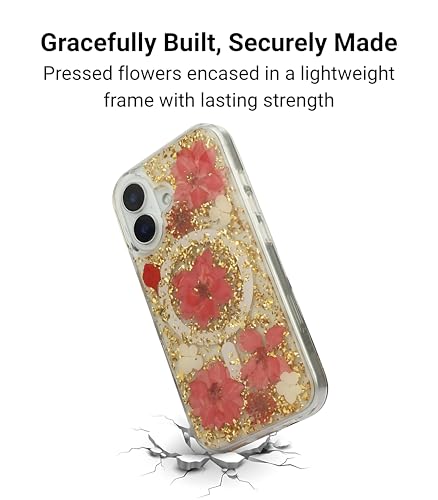 Image of Mag Flower Series Case for iPhone 16 Compatible with Wireless Charging | Real Dried Flower Embedded Design | Slim Transparent Shockproof Back Cover | Red Edition