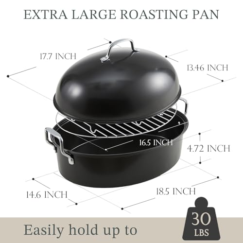 KITESSENSU Extra Large Roasting Pan with Lid - Nonstick Turkey Roaster Pan with Rack 18.5 x 14.5 Inch - Heavy Duty Covered Roasting Pot - All Ovens Fit & Dishwasher Safe, Gray