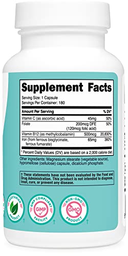 Nutricost Iron For Women 65Mg, 180 Capsules, With Vitamin C, Folate, & Vitamin B12 - Vegetarian Friendly, Non-Gmo, Gluten Free #TOP4
