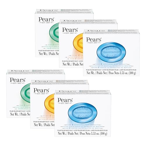 Pears Variety 6 Pack - Pure and Gentle Bar Soap with Glycerin - Includes Lemon Flower Mint Extracts and Amber - Soap Bar for Women and Men - 6 pc
