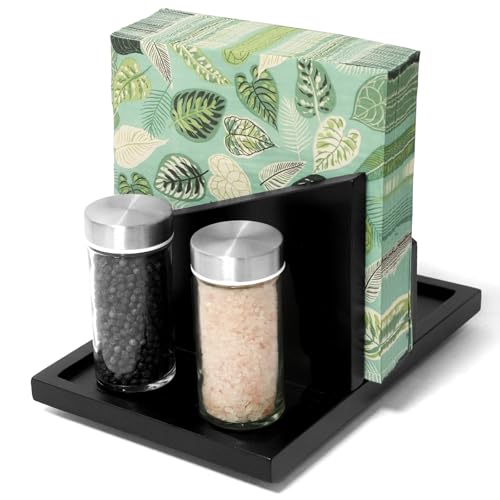 EVERBBKING Wooden Napkin Holder Rotating Napkin Dispenser with Spice shaker Caddy Large capacity for Table, Kitchen Countertop, Dining Table Decor (black)