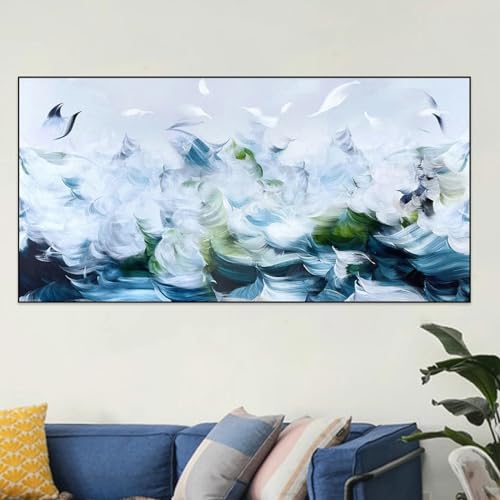 Peinture à l'huile plumes bleues pour habiller un grand mur vide de salon