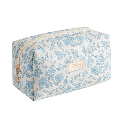 Image of MAYCREATE Fashion Makeup Bag Travel Makeup Pouch Blue Floral Soft Zipper Utility Zipper Pencil Pouch Gadget Stationeries Storage Tool Organizer Bag, 20.5x9x9.5cm