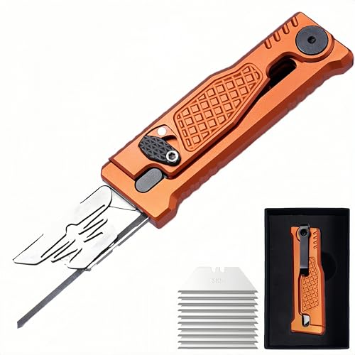 UTOTU 5.8 Aluminium Utility Knife EDC Box Cutter with Clip CNC Unibody Lightweight All Metal Folding Box Cutter Ideal Gifts for Men Women with 10 Extra BladesOrange