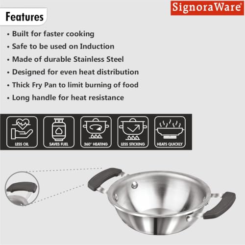 Image of SignoraWare Artista Triply Stainless Steel Cookware Mini Kadhai,(13cm, 530ml), Ideal for Pakoras, Saute Vegetables, Aloo Fry or Small Portions of Fritters, Best for Frying & Roasting Spices