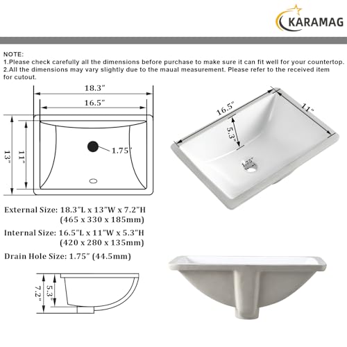 Karamag 18.3"X12.9" Durable Rectangle Undermount Sink Vitreous Ceramic Lavatory Vanity Bathroom Restroom Sink Pure White thumb #4