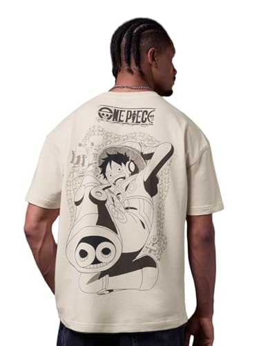 Image of The Souled Store One Piece: Pirates Men and Boys Short Sleeves Round Neck Beige Graphic Printed Anime Casual Drop Shoulder Streetwear Lightweight Cotton Oversized T-Shirt
