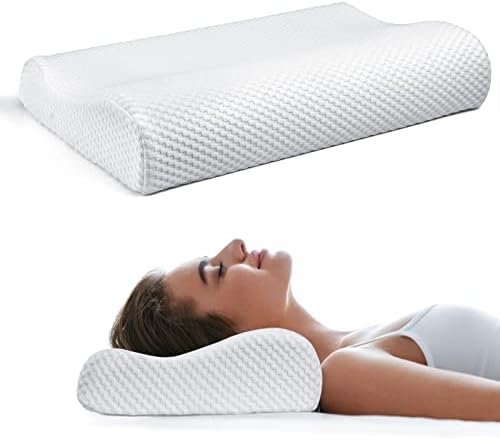 Memory Foam Pillow, Cervical Pillow for Neck Pain with Bamboo Cover, Contoured Neck Support Design for Side, Back and Stomach Sleepers—Includes a Replacement Pillow Cover(White)