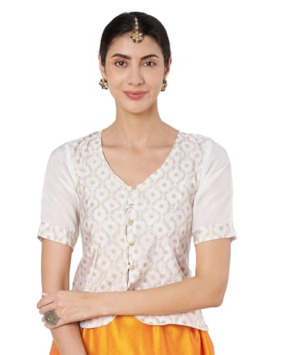 Image of studio rasa Women's Silk Blend Block Printed Button Down Readymade Top for Wedding Festive Party