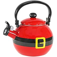 Home-X Santa Claus Whistling Tea Kettle - Porcelain Coated Stainless Steel Tea Kettle for Boiling Water - Cute Red Teapot for Stovetop - 2-Liter Capacity, 9"L x 7"W x 9"H Whistling Teapot