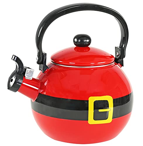 Home-X Santa Claus Whistling Tea Kettle - Porcelain Coated Stainless Steel Tea Kettle for Boiling Water - Cute Red Teapot for Stovetop - 2-Liter Capacity, 9