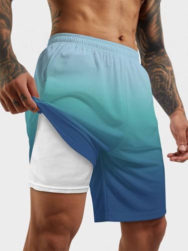 Mens Swim Trunks with Compression Liner,Blue Cyan Gradient Men's Inseam Board Shorts Quick Dry Bathing Suit for Men/Boys2
