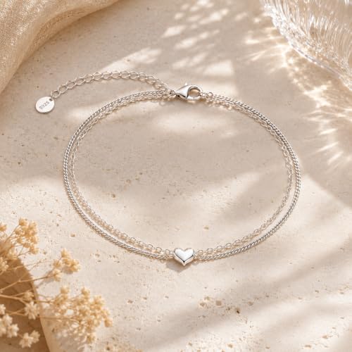 Image of CHIC & ARTSY 925 Sterling Silver Ankle Bracelets for Women, Adjustable Double Layer Chain Anklets, Minimalist Lightweight Foot Jewelry for Beach & Everyday Wear