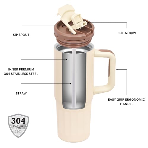 Image of FLAIR Vogue Vacuum Insulated Stainless Steel 750 ml Tumbler with Handle | 2-in-1 Lid with Flip Straw & Sip Spout -Beige | Hot & Cold Beverage Mug | Leak Resistant
