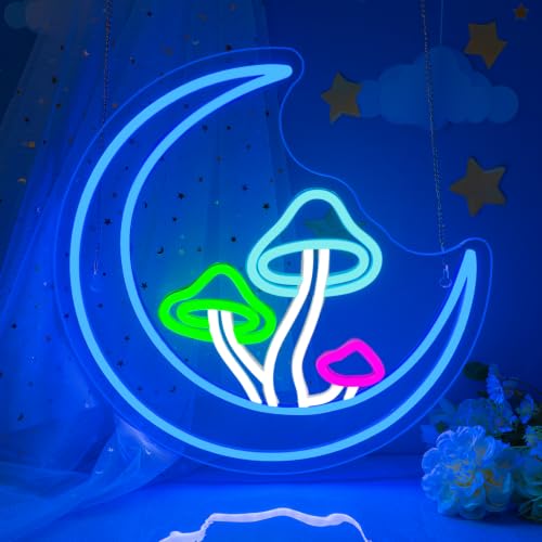 DREAMFORT Moon Mushroom Neon Sign Blue Moon Neon Lights for Wall Decor Mushroom Light Up Signs USB LED Signs for Girls room Living Room Kids Room Home Bar Party Shop