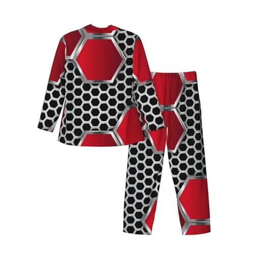 Geometric Hexagons With Red Metal Mens Pajamas Set Button Down Sleepwear Set Long Sleeve Loungewear With Pockets4