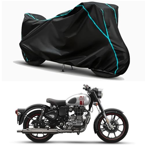 Image of Waterproof Bike Body Cover Compatible for | Royal Enfie Classic 350 Skyditch | Taffeta Fabric, Sky Piping Design, Bottom Elastic Fit | Dustproof, Sun UV & Rain Protection for All Weather.