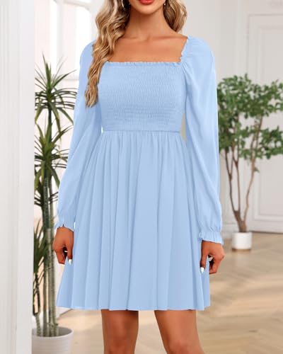 Image of Holipick Women's Casual Square Neck Smocked Dress Shirred Ruffle Puff Sleeve High Waist Cute Flowy A-Line Short Dress