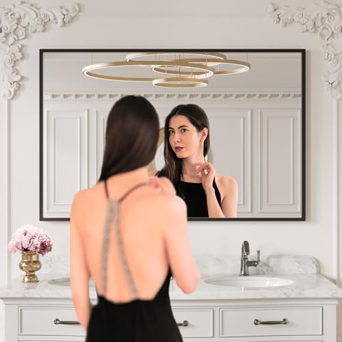 Image of LOAAO 40 inchX30 inch Black Rectangle Bathroom Mirror Wall, Matte Black Aluminum Alloy Frame, Tempered Glass, Hangs Vertically or Horizontally, Easy to Install