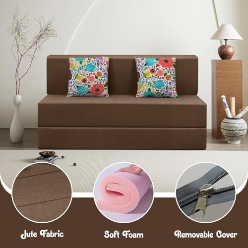 Image of Rosebell-4x6-Feet Modern Sofa Bed, Space-Saving Folding Couch with Jute Fabric, Dual Floral Accent Cushions, Compact Sleeper Sofa for Living Room, Guest Room & Small Apartments-Brown
