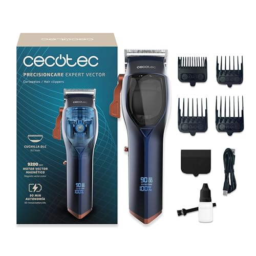 Cecotec Cortapelos con Motor Vector Magnético PrecisionCare Expert Vector. 9200rpm, 4 Peines, Cuchilla DLC de Acero Inoxidable y Cerámica, Pantalla, Autonomía 90mins, Cargador Tipo C