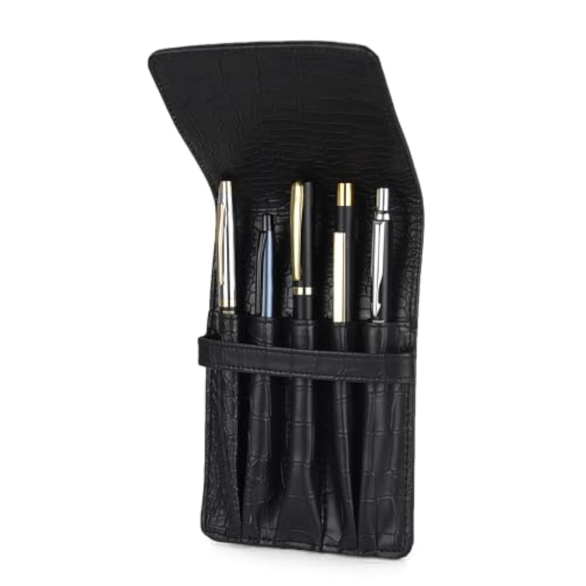PU Leather Pen Holder for 5 Pens, Colour Croco-Black